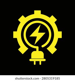 This is a flat logo design that depicts a lightbulb with an electric plug and a lightning symbol that looks clean in bright yellow color on a black background