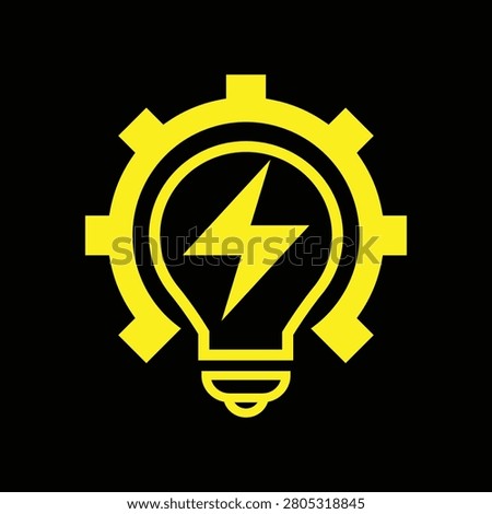 This is a flat logo design that depicts a lightbulb with a gear and a lightning symbol that looks clean in bright yellow color on a black background