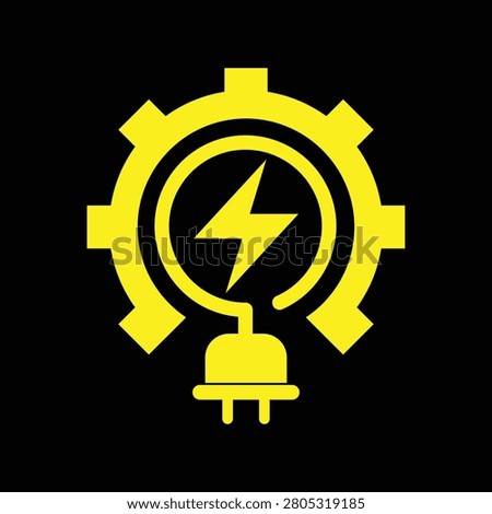 This is a flat logo design that depicts a lightbulb with an electric plug and a lightning symbol that looks clean in bright yellow color on a black background