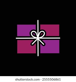 This is a flat logo design of a wrapped gift present in purple color on a black background