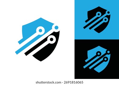Este es un diseño de logotipo plano que representa un escudo con tres líneas de nodo eléctrico en azul y negro para el logotipo relacionado con la tecnología