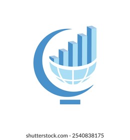 This is a flat logo of a globe with graph bar on it indicates progress that looks clean in blue and aqua color for business or finance related companies