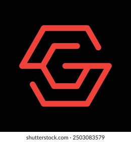 Este es un logotipo plano de una letra inicial SG o GS en forma hexagonal en estilo de línea que se ve brillante sobre un fondo negro