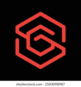 Este es un logotipo plano de una letra inicial GS o SG en forma hexagonal en estilo de línea que se ve brillante sobre un fondo negro