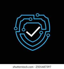 This is a flat logo that depicts a shield made of transistor board line in blue color with a white check mark on the middle symbolizing protection for cyber security company logo 

