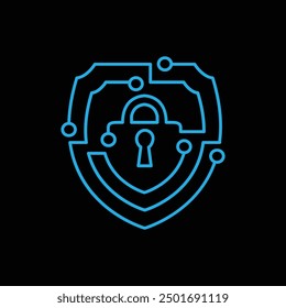 This is a flat logo that depicts a shield made of transistor board line in blue color with a lock on the middle symbolizing protection for cyber security company logo 