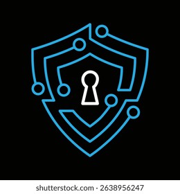 This is a flat logo that depicts a shield made of node transistor board line in blue color with a lock hole on the middle symbolizing protection for cyber security company logo