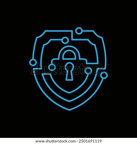 This is a flat logo that depicts a shield made of transistor board line in blue color with a lock on the middle symbolizing protection for cyber security company logo 