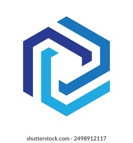 Este es un logotipo plano de tres segmentos entrelazados que forman una forma hexagonal en color azul sobre un fondo blanco

