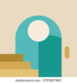 This flat minimalist illustration showcases clean geometric shapes including a prominent teal archway and tiered mustard yellow stairs. Set against a soft beige background, the composition uses simple forms to create a modern architectural scene. Ideal for contemporary interior design concepts, web graphics, and minimalist branding projects requiring clean aesthetics.
