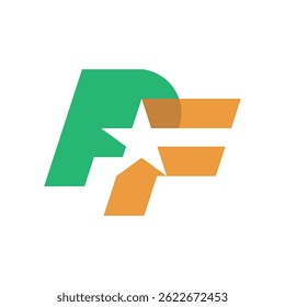 this is a flat monogram logo design of an initial letter of overlapped PF with a star that that looks clean on a green and yellow color on a white background