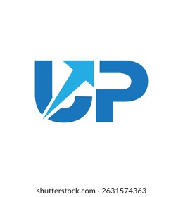this is a flat monogram logo design of initial letters UP with arrow heading up in blue color
