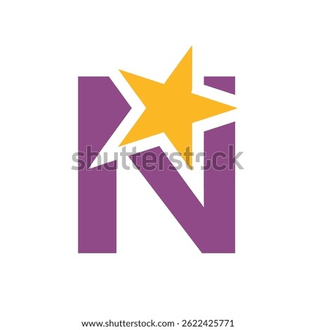 this is a flat monogram logo design of an initial letter N in purple color with a yellow star that looks clean on a white background