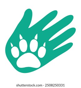 Este é um logotipo simples plano em aqua que representa uma mão humana e uma pata canina para fins veterinários ou relacionados a animais de estimação