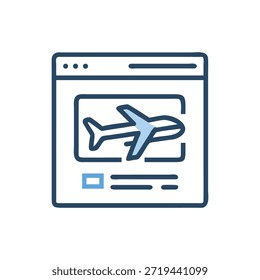 This is a flat style illustration of an airplane on a web page. Dark and sky blue.