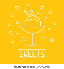 This is flat  thin line design illustration of dessert topic. Desert with ice-cream in the cup. Good logotype for your cafe, menu, restaurant 