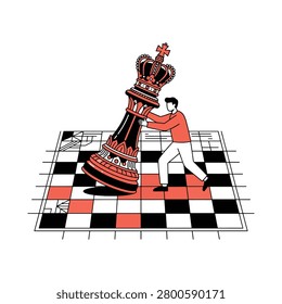 This flat vector art shows a professional man carefully moving a large red and black chess king piece across a checkered board which represents a strategic decision and success in a business challenge