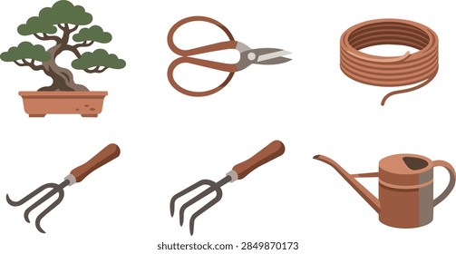 This flat vector collection displays essential equipment for nurturing miniature trees. A small potted plant sits beside sharp pruning shears and a metal wire spool. Two iron rakes accompany a copper colored watering vessel. The artistic icons exhibit a simple style with earth tones, suitable for creative planting or botanical craft projects.
