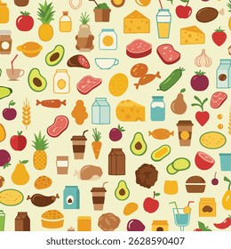 This flat vector graphic features a colorful seamless pattern of various food and drink icons on a light background.