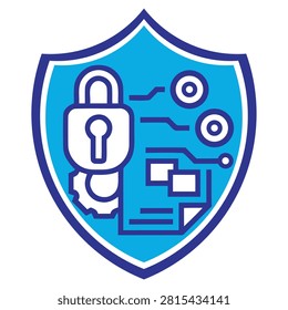 This flat vector icon features a blue security shield enclosing a tech padlock, circuit board nodes, a gear, and a secure document. The design utilizes vibrant shades of blue and clean white lines to represent modern data protection, cybersecurity, and digital network defense systems. It is perfect for tech websites, corporate security logos, network privacy applications, and cloud storage protection concepts.#cybersecurity #securityshield #dataprotection #networksecurity #techicon #vectorgraphic #privacylock #digitaldefense #systemsecurity #computerprivacy #infosec #techlogo #itprotection