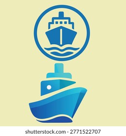 This flat vector icon set showcases two stylized ship illustrations in circular frames, designed with bold blue silhouettes against a soft yellow background. One icon features a front-facing vessel with rectangular windows, while the other presents a side‑angled ship with circular windows, both sailing on clean wave patterns. Ideal for maritime branding, nautical logos, travel apps, educational graphics, and transportation signage, these versatile icons combine simplicity with professional appeal. 
