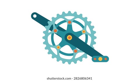 This is a flat vector illustration of a bicycle crankset and chainring, featuring a turquoise and teal color scheme.