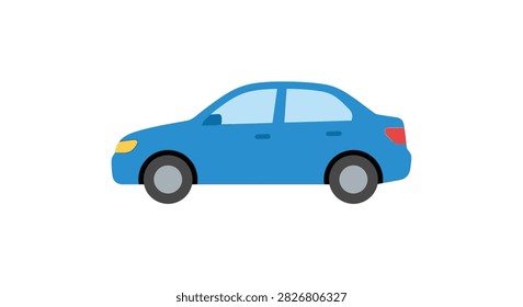 This is a flat vector illustration of a blue sedan car, set against a plain white background. The design is