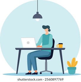 This flat vector illustration captures the essence of remote work. It depicts a person seated at a desk, working diligently on a laptop.