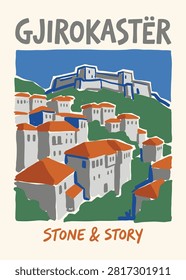 This flat vector illustration captures a scenic hillside town featuring a historic castle atop a lush green mountain. The minimalist art style with vibrant colors evokes a sense of Mediterranean heritage and history. Ideal for travel blogs, tourism ads, and decorative wall art.