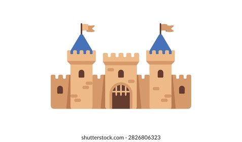 This is a flat vector illustration of a castle with blue conical roofs, beige walls, and a central gateway. The