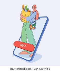 In this flat vector illustration, a character holds a grocery bag and a reusable shopping bag filled with fresh produce. A phone with a prominent BUY button, symbolizing online shopping.