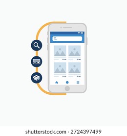 Esta é uma ilustração vetorial plana que descreve o fluxo sequencial de uma transação de comércio eletrônico móvel, mostrada em uma tela de smartphone conectada a ícones que representam pesquisa, pagamento de cartão de crédito e entrega de pacotes.