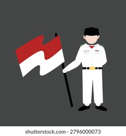 This is a flat vector illustration depicting a man holding the Indonesian flag against a gray background. The figure wears