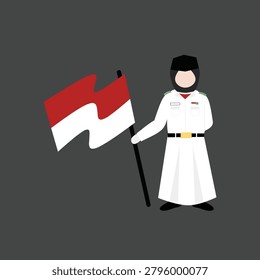 This is a flat vector illustration depicting a figure holding the Indonesian flag against a gray background. The figure wears