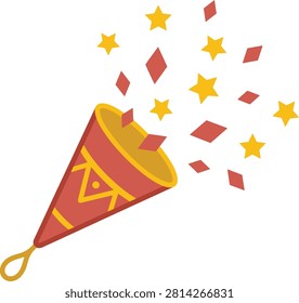 This is a flat vector illustration depicting a party popper expelling red confetti shapes and yellow stars. The popper has a red and