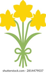 This is a flat vector illustration depicting a bouquet of yellow daffodils with green stems, tied together with a green ribbon, showcasing a springtime
