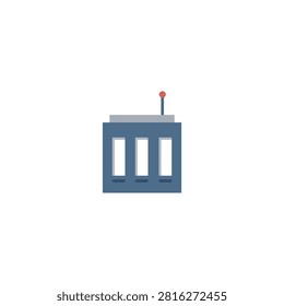 This is a flat vector illustration depicting a building with three rectangular windows and a small red sphere positioned on its roof. The artwork features a white background and a simplified, geometric style.