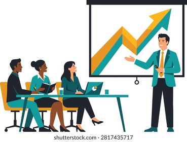 This is a flat vector illustration depicting a business presentation with a team of four people, including a presenter and three attendees, with a growth chart displayed.