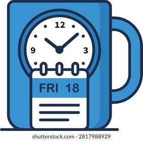 This is a flat vector illustration depicting a calendar integrated with a clock, showing the date as Friday the eighteenth. The design utilizes a linear style