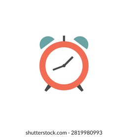 This is a flat vector illustration depicting an alarm clock with two teal bells and black hands, set against a plain white background. The clock face is coral-colored and circular in shape.