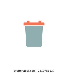 This is a flat vector illustration depicting a waste bin with a hinged lid. The bin is teal colored, the lid is orange, and it is set against a white background. It has