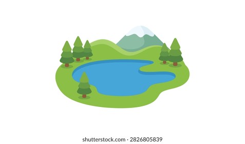 This is a flat vector illustration depicting a scenic landscape featuring a lake, evergreen trees, and snow-capped mountains.