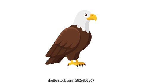This is a flat vector illustration depicting a bald eagle with brown feathers, a white head, and yellow beak and