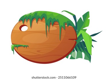 This flat vector illustration depicts a round wooden sign with green moss growing on top A piece of lush tropical vegetation enhances its natural appearance and rustic charm