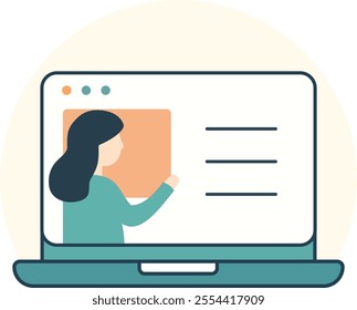 This flat vector illustration depicts a person with long dark hair, wearing a teal shirt, giving a presentation on a laptop screen.