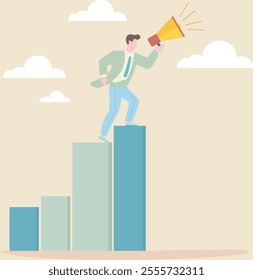 This flat vector illustration depicts a man standing on top of a bar chart, which symbolizes growth and progress. The man is holding a megaphone, suggesting that he is announcing or celebrating the su