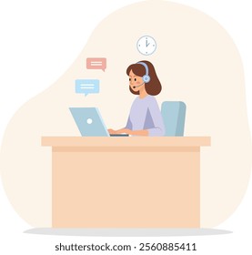 This flat vector illustration depicts a customer service representative seated at a desk, working on a laptop. The representative is wearing a headset with a microphone.