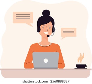 This flat vector illustration depicts a customer service representative sitting at a desk, working on a laptop. The representative is wearing a headset, indicating active communication.