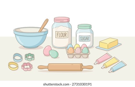 This flat vector illustration depicts an Easter baking preparation scene with essential ingredients and tools arranged neatly on a kitchen surface.