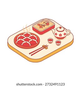 This flat vector illustration depicts a delightful and traditional Asian meal set, arranged neatly on a rounded rectangular tray in a warm, inviting composition. The isometric perspective provides a clear top-down view of each dish, creating depth and organization within a flat design. On the left, a red circular plate holds six perfectly pleated dumplings with wisps of steam rising, signaling freshness. At the center-top, a rectangular red bowl contains noodles topped with garnishes such as shrimp, sliced meats, and greens. To the right, a white teapot adorned with a red floral pattern sits alongside two matching tea cups filled with dark tea, completing a charming tea service. A pair of dark-red chopsticks rests on a small golden chopstick holder at the bottom of the tray, ready for use. Dominated by a red and gold color palette, the design evokes luck, prosperity, and cultural richness. Uniform outlines and consistent line work give the illustration a cohesive, high-end icon-like aesthetic. Ideal for restaurant menus, food blogs, culinary branding, celebratory greeting cards, or cultural content, this vector conveys hospitality, order, and tradition while remaining clean, modern, and fully scalable for commercial use.